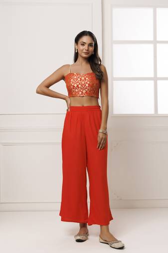 Geroo Jaipur Orange Rayon Co-Ord Set with Brocade Top
