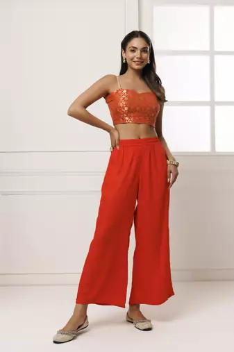   Orange Rayon Co Ord Set with Brocade Top