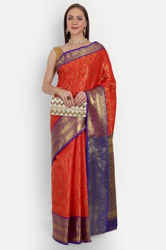 Red Woven Design Silk Banarasi Saree With Blouse