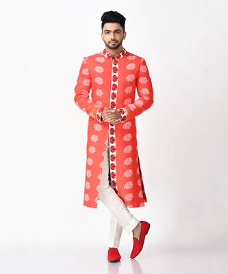 Red & white jasper khadi silk sherwani set 1