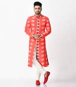 Red & white jasper khadi silk sherwani set