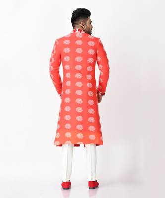 Red & white jasper khadi silk sherwani set 2