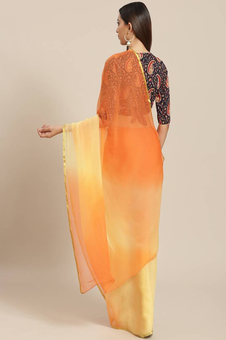 Geroo Jaipur Peach-Yellow Shaded Hand-Dyed Chiffon Saree With Hand Block Printed Blouse