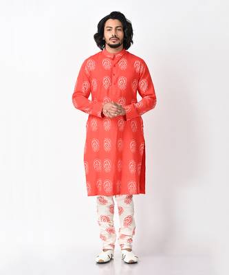 Red & white rudyard khadi kurta set 1