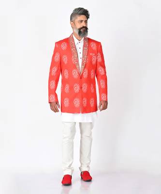 Red & white carmine khadi silk blazer set 1