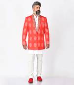 Red & white carmine khadi silk blazer set