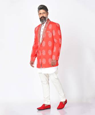 Red & white carmine khadi silk blazer set 2