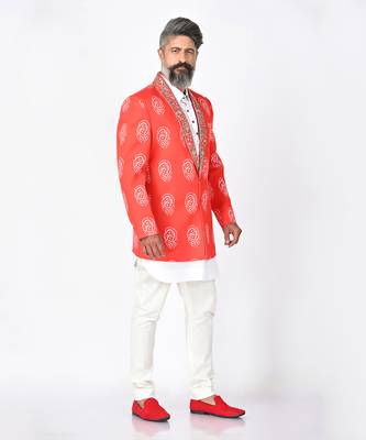 Red & white carmine khadi silk blazer set 3