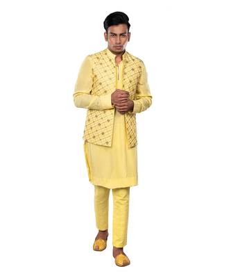 Lime green dugus dola silk nehru jacket set 1