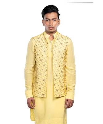 Lime green dugus dola silk nehru jacket set 4