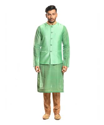 Green & biscit beige shlok malai cotton nehru jacket set 1