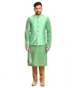 Green & biscit beige shlok malai cotton nehru jacket set