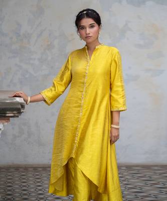 Acaica green duppion silk asym kurta set 1
