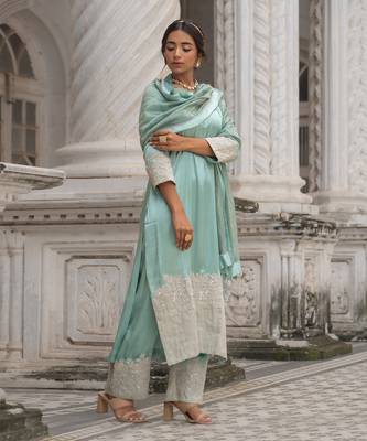 Mint and silver gaji silk straight kurta set 1