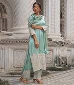 Mint and silver gaji silk straight kurta set
