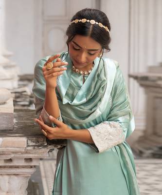 Mint and silver gaji silk straight kurta set 2