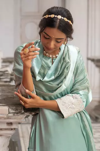 Mint and silver gaji silk straight kurta set