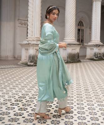 Mint and silver gaji silk straight kurta set 3