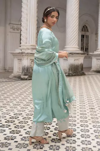 Mint and silver gaji silk straight kurta set