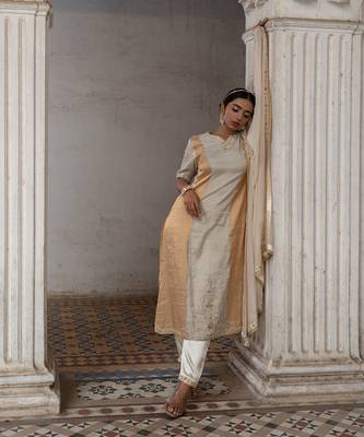 Silver & gold tissue gaji silk kurta set 1