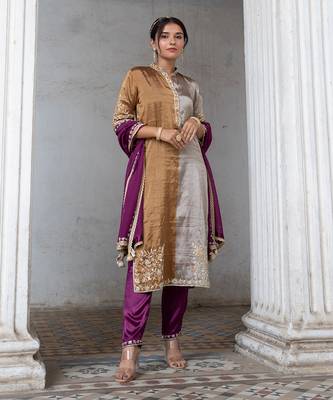 Dark gold and silver tissue straight kurta set 1