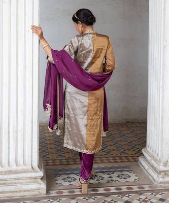Dark gold and silver tissue straight kurta set 2