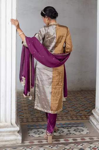 Dark gold and silver tissue straight kurta set