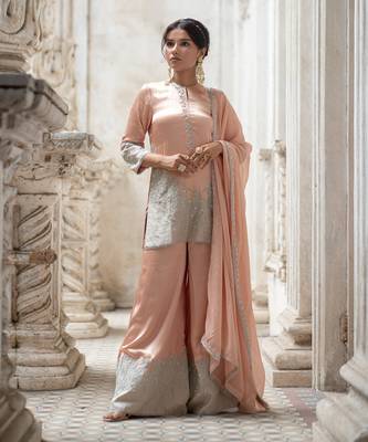 Peach silver tissue sharara set 1