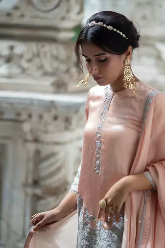 Peach silver tissue sharara set
