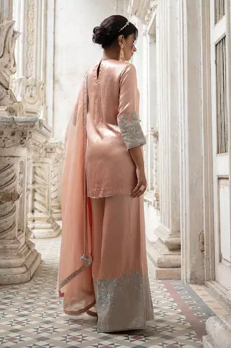 Peach silver tissue sharara set