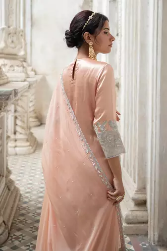 Peach silver tissue sharara set
