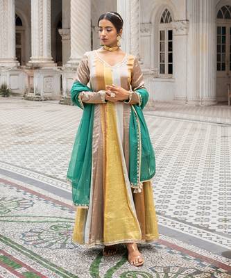 Gold tissue anarkali set 1