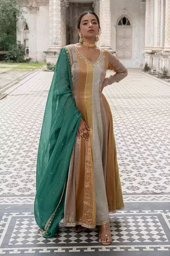 Gold tissue anarkali set