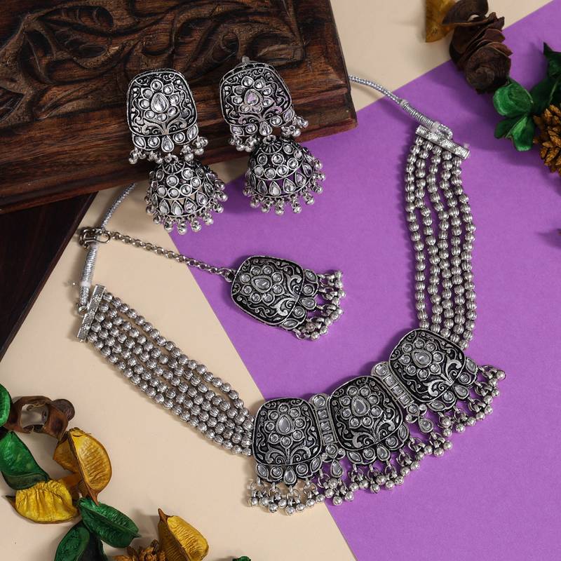 Silver color choker oxidised necklace set (gsn1929slv) Jaipur