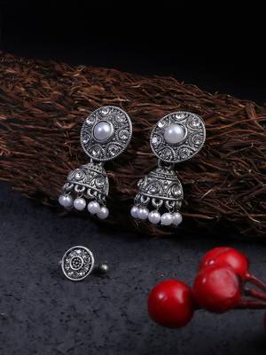 Combo of silver-plated stone-studded earrings & nosepin 1