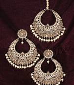 Gold-plated handcrafted yellow maang tikka with earrings