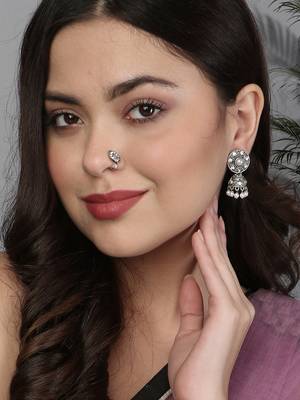 Combo of silver-plated stone-studded earrings & nosepin 3