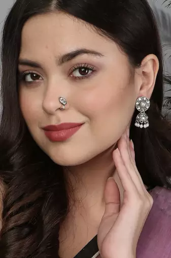 Combo of silver-plated stone-studded earrings & nosepin