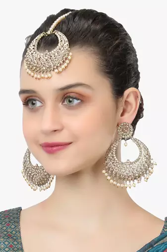 Gold-plated handcrafted yellow maang tikka with earrings