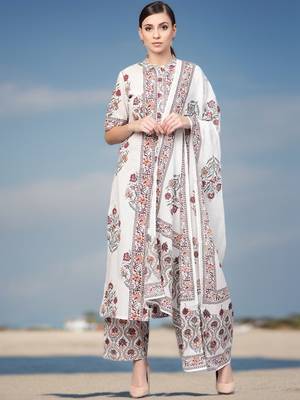 White Floral Booti Kurta With Dupatta & Printed Palazzo Pants 1