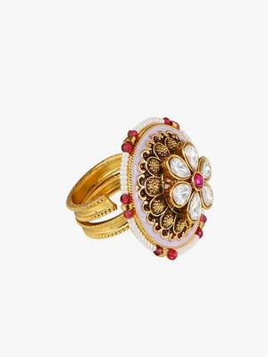 Women 24ct gold-plated kundan studded pearl-beaded handcrafted flower finger ring 1