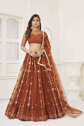 BROWN COLOR NET WITH SEQUINS AND THREAD EMBROIDERY WORK SEMI-STITCHED LEHENGA & UNSTITCHED BLOUSE WITH DUPATTA