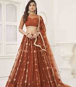 BROWN NET WITH SEQUINS AND THREAD EMBROIDERY WORK SEMI-STITCHED LEHENGA & UNSTITCHED BLOUSE WITH DUPATTA