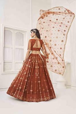 BROWN NET WITH SEQUINS AND THREAD EMBROIDERY WORK SEMI-STITCHED LEHENGA & UNSTITCHED BLOUSE WITH DUPATTA 3