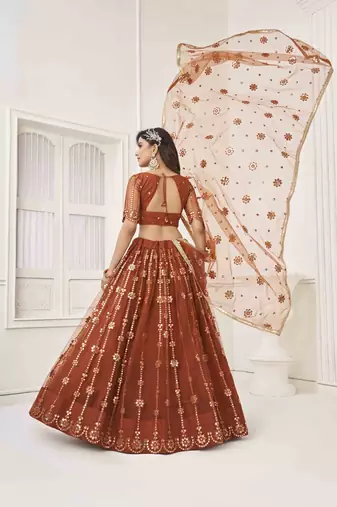 BROWN NET WITH SEQUINS AND THREAD EMBROIDERY WORK SEMI-STITCHED LEHENGA & UNSTITCHED BLOUSE WITH DUPATTA