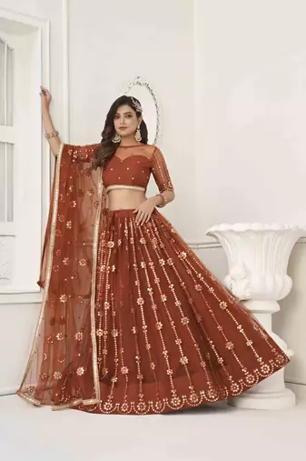 BROWN NET WITH SEQUINS AND THREAD EMBROIDERY WORK SEMI-STITCHED LEHENGA & UNSTITCHED BLOUSE WITH DUPATTA