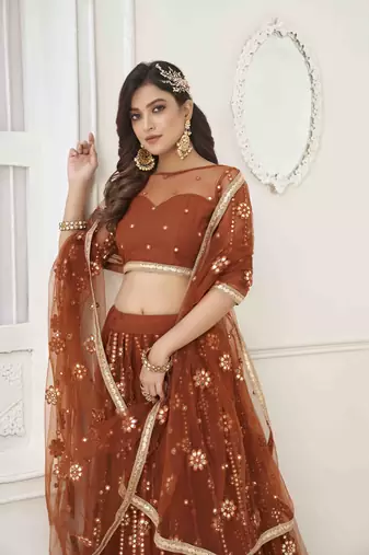 BROWN NET WITH SEQUINS AND THREAD EMBROIDERY WORK SEMI-STITCHED LEHENGA & UNSTITCHED BLOUSE WITH DUPATTA
