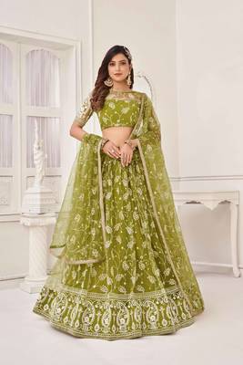 OLIVE GREEN NET WITH SEQUINS AND THREAD EMBROIDERY WORK SEMI-STITCHED LEHENGA & UNSTITCHED BLOUSE WITH DUPATTA 1