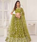 OLIVE GREEN NET WITH SEQUINS AND THREAD EMBROIDERY WORK SEMI-STITCHED LEHENGA & UNSTITCHED BLOUSE WITH DUPATTA