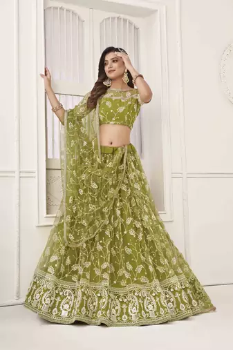 OLIVE GREEN NET WITH SEQUINS AND THREAD EMBROIDERY WORK SEMI-STITCHED LEHENGA & UNSTITCHED BLOUSE WITH DUPATTA
